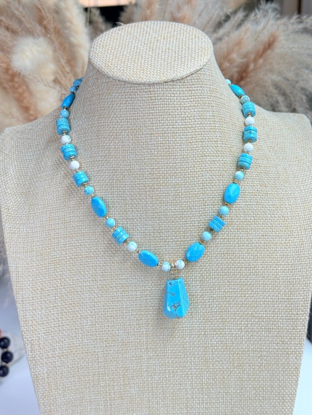 Handmade turquoise statement necklace with matching turquoise pendant